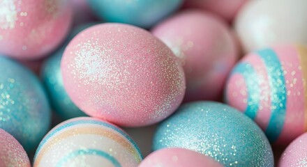 Sparkling Easter Eggs in Pastel Colors with Glitter and Stripes Festive Holiday Celebration Theme