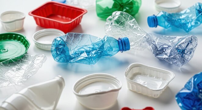 Assorted, discarded plastic containers and bottles, some crushed or deformed, scattered randomly on a bright white surface
