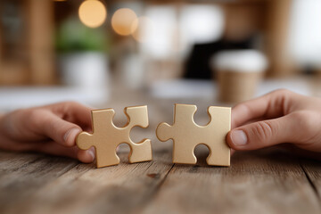 Golden puzzle pieces arranged on a wooden table, close-up shot, symbol of teamwork and business collaboration