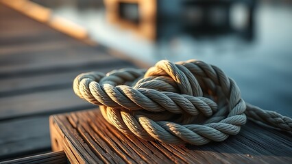 Fototapeta premium Close-up of a thick coiled rope on a weathered wooden dock, symbolizing unity with soft morning light.