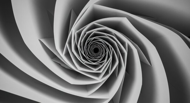 Abstract grayscale spiral tunnel, geometric design with polygonal sections rotating inward, creating a vortex towards a dark center - Powered by Adobe