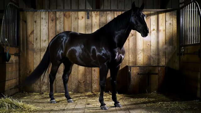 A Majestic Ebony Stallion Friesian Horse Stands Gracefully in a Dimly Lit Rustic Wooden Stable with Visible Breath Evoking Strength and Elegance at Eye Level Static Shot
