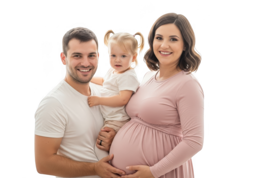 Family expecting baby posing together isolated on transparent background