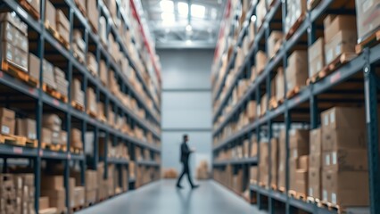 Obraz premium A modern warehouse interior with organized shelves and a worker silhouette in soft ambient lighting.