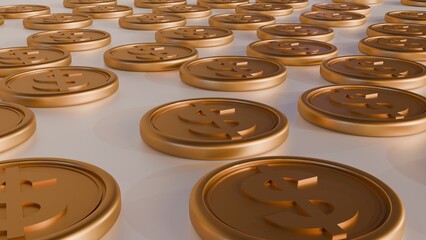 A 3d rendering of gold coins, each embossed with a prominent dollar sign, are neatly arranged in a grid pattern.