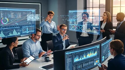 Dynamic business team analyzing data and charts in modern office with technology - Powered by Adobe