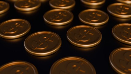 A 3d rendering of gold coins, each embossed with a prominent dollar sign, are neatly arranged in a grid pattern.