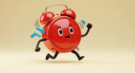 A cheerful red alarm clock cartoon with exaggerated facial features, arms and legs running, and sound waves, on a tan background