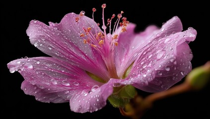 Dew-kissed pink flower with delicate petals against a black background