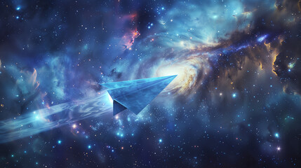 A paper airplane flying through galaxies