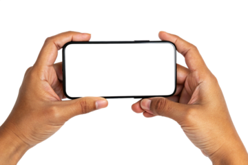 A pair of hands hold a smartphone horizontally against a transparent background. The phone's center shows a blank screen.