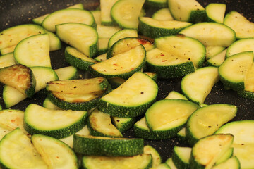 Closeup of Sliced Zucchini Sautéing in Frying Pan