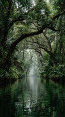 Obraz premium Lush green canopy over calm waterway