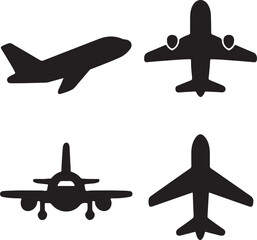 airplane takeoff silhouette icons set side, front, rear, and top views vector art illustration