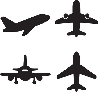 airplane takeoff silhouette icons set side, front, rear, and top views vector art illustration