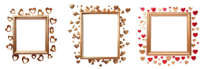 Three elegant golden picture frames with hearts for a romantic concept.