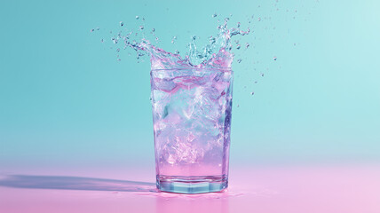 彩り水しぶきが広がる透明グラス接写スタジオ