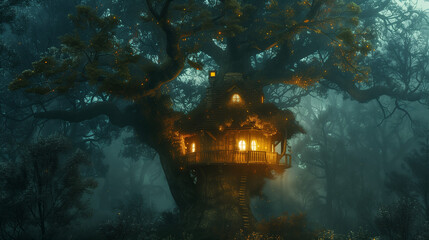 A treehouse glowing like a lantern in the dark forest
