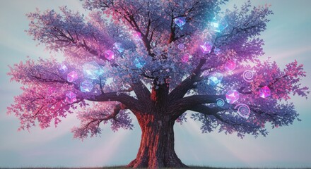 Naklejka premium Fantastical tree adorned with glowing geometric shapes, emitting radiant light in a serene landscape