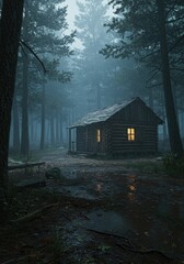 A small log cabin nestled in the woods among pine trees at night, with fog and rain, and warm light glowing from inside.
