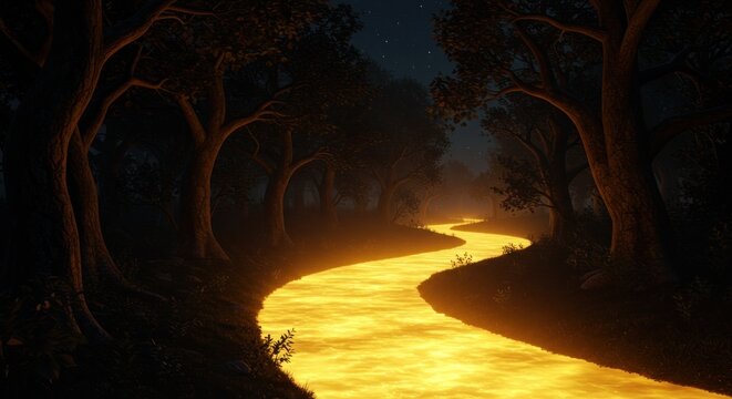 Glowing river flows through a dark forest at night, under a dusky sky