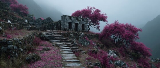 Stone steps lead to a ruined house amidst flowering trees on a misty mountainside