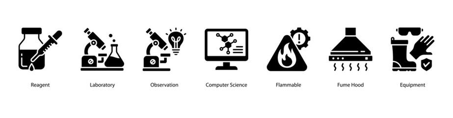 Research and Observation Tools web banner icon vector illustration featuring Reagent, Laboratory, Observation, Computer Science, Flammable, Fume Hood, and Equipment.