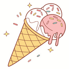 Illustration of Ice Cream Cone with Sprinkles and Melting Scoops