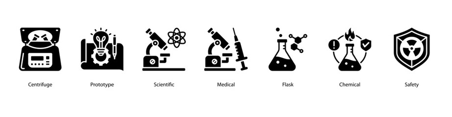 Fototapeta premium Medical Research and Prototypes web banner icon vector illustration featuring Centrifuge, Prototype, Scientific, Medical, Flask, Chemical, and Safety.