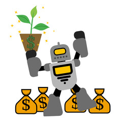 vector illustration of a success with technology. A silver robot holding a plant with a dollar sign on its pot, standing next to four money bags. It represents financial growth, investment, technology