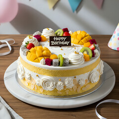 Close-up of Birthday Cake with Fresh Fruit and Cream