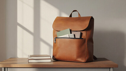 Bag pack with books background and illustration. Ai generated.