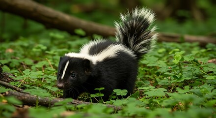 Naklejka premium Adorable baby skunk with distinctive black and white fur walks through lush green foliage