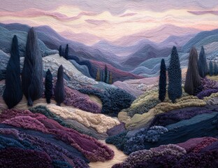 Textured landscape artwork depicting a serene sunset over rolling hills and slender evergreen trees