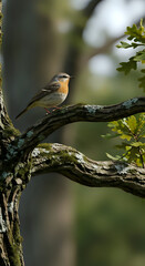 Small Bird Perched on Mossy Tree Branch