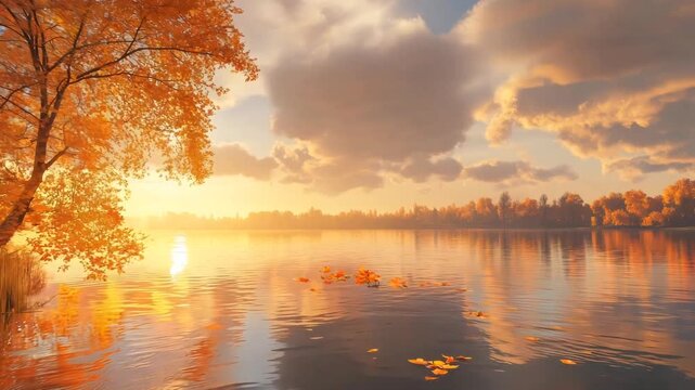 A peaceful autumn scene with a golden-leaved tree on the shore of a calm lake at sunset. The soft, warm light and gentle ripples create a tranquil, dreamy atmosphere.