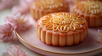 Mooncakes on pink plate on wooden light table and flowers nearby, with space for text, created with Generative AI technology