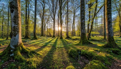 Obraz premium Sunlight streams through a forest at dawn, casting long shadows