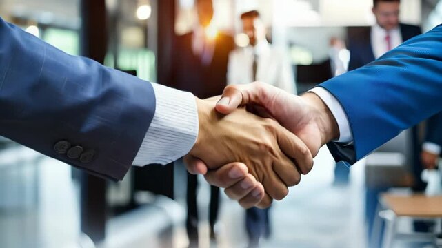 Two business professionals engage in a firm handshake in a modern office space, symbolizing trust, partnership, and successful collaboration in the corporate world.