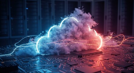 A digital representation of cloud computing with a glowing cloud emanating from a circuit board, illuminated in neon blue and orange