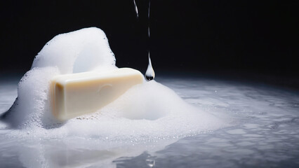 Bar of soap with foam, slow water drip falling beside background. Ai generated.