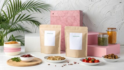 Fototapeta premium Food products and packaging display background imge for mock up design