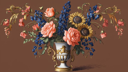 Baroque-style ornate floral arrangement in a vintage vase, rich tones Background. Ai generated.