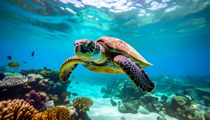 Fototapeta premium Sea turtle swims underwater