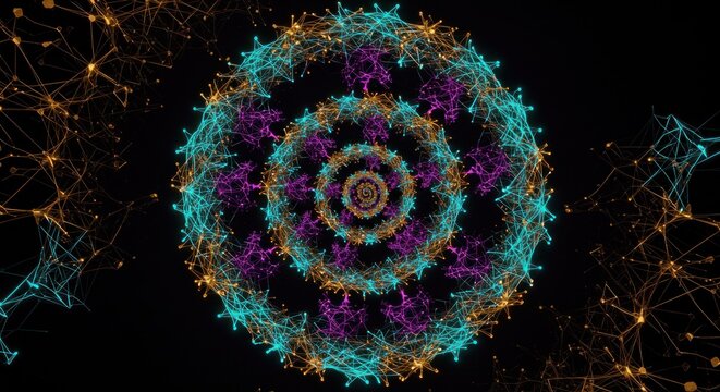 A vibrant, symmetrical digital design featuring interconnected dots forming concentric rings of teal, orange, and purple, against a black backdrop