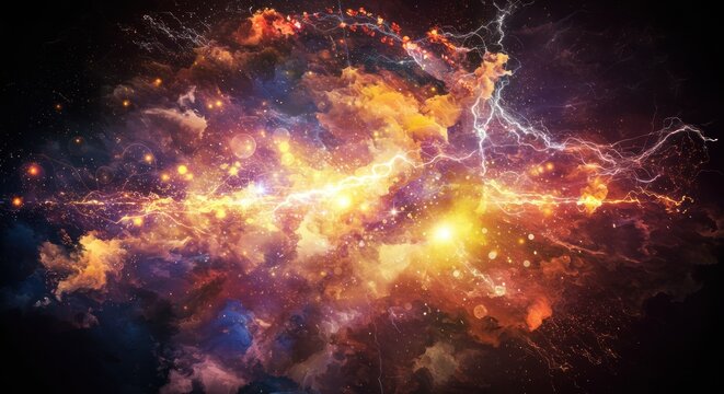A vibrant cosmic display of swirling nebulae, streaked with bright energy and lightning, against a dark void. Glowing particles abound