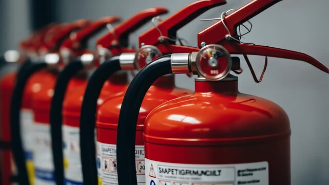 Close-up view of red fire extinguishers line up on a gray background with safety labels.