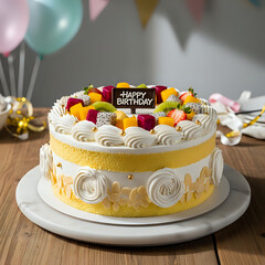 Elegant Birthday Cake with White Roses and Fruits