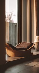 Wooden chaise lounge with cushion near window