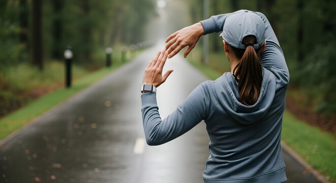 Healthy woman warming up stretching her arms. Asian runner woman workout before fitness and jogging session on the road nature park. Healthy and Lifestyle Concept